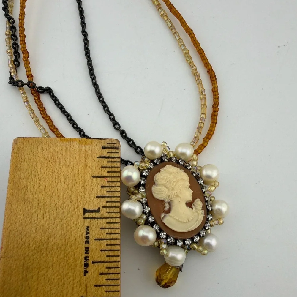 Cookie Lee Cameo Necklace Brown Excellent Multi-Strand Pearl Rhinestone Vintage